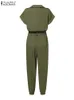 ZANZEA Women Overall Summer Fashion Cargo Jumpsuits Lapel Short Sleeve Rompers Elegant Lady Playsuits Vintage Work Pants Belted 240202