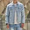 Moda streetwear homens rasgados fino denim jaqueta masculina de alta qualidade angustiado casual jean casaco 240130