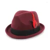 Berets Vintage Pork Pie Hat Mens Rolled Brim Felt Fedora With Feather Gentleman Church Cap Trilby Jazz Hats