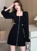 Robes décontractées Noir Chic À Volants Élégant Creux Out Robe Sexy Pour Femmes Automne Hiver Mode Moulante Bal 2024 Coréen Vintage Robes