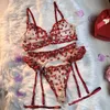 Ellolace Heart Sensalu Bielizna Sheer Lace Hafdery Fancy Bielizna 4piece Ruffle Sissy Bieśniacze Delikatne seksowne stroje 240127