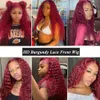 134 136 Deep Curly Spets Frontal Wig Transparent 99J Bourgogne Curly Spets Front Wigs Red Colored HD Deep Wave Human Hair Wigs 240118