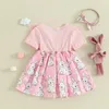 Girl Dresses Baby 2 Piece Set Round Neck Short Sleeve Print Romper Dress 3D Bow Headband Infant Toddler Easter Outfits