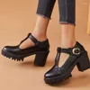 Sapatos de vestido clássico salto médio lolita meninas preto t-straps casual punk plataforma de salto feminino 2024 primavera bombas mocassins