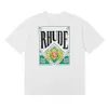 2024 Nya män och kvinnors kortärmade T-shirts High Street Brand Rhudetee Green Card Printing 230g Double Garn Pure Cotton Casual för 4J8L