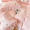 French Embroidered Lace Bubble Gauze Bedding Set Pink Elegant Princess Style Queen Duvet Cover Ruffled Comforter Sets 240131