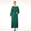 민족 의류 겸손한 무슬림 여성 드레스 간단한 단단한 새틴 패션 벨트 맥시 드레스 긴 슬리브 아랍 오만 모로코 카프탄 아이드 로브