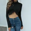 Women's T Shirts Fashion Ladies Est Casual Asymmetric Short Shirt Solid Color High Collar Long Sleeve Pullover Simple Tops Elegant Tees 2024