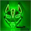 Máscaras de fiesta Máscara de zorro de Halloween Cosplay LED Resplandor Japonés Colorf Luz de neón El en la oscuridad Club Props Fy0276 Entrega de gotas Inicio Garde Dhxi9