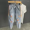 Mäns jeans man cowboy byxor stora byxor trasiga rippade med hål trasiga harem beskurna bomull casual denim sommar regelbunden xs