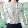 Damesblouses V-hals Retro Bedrukt Shirt Voor 2024 Mode Bloemen Single Breasted Blouse Dames Elegante Top Blusa Vrouwelijke