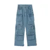 MultiCocke Blue Washed Cargo Pants Y2K Retro High Street Fashion Midj Jeans Par Harajuku Simple Casual Wide Leg 240201