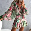 Freizeitkleider Sexy Damen Sommerkleid Strand Blumendruck Laterne Langarm Playsuit Jumpsuit Streetwear Bohemian Boho