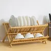 Kök förvaring dräneringsställ dubbelskikts skålen torkningsskål bambu ventilationssäck