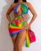 Dames Badmode Sexy Driehoek Bikini Set 2024 Rianbow Gradiënt Hol Push Up Een Stuk Badpak Strand Badpak Rok trikini