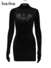 Abiti casual Hawthaw Donna Manica lunga Velluto Club Aderente Streetwear Mini abito nero 2024 Abbigliamento autunnale Articoli all'ingrosso per le imprese