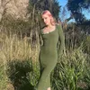 Casual Dresses Fairycore Women Autumn Midi Long Sleeve Bodycon Solid Pencil Dress Gothic Grunge Ribbed Green Outfits Vintage