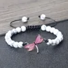 Strand Fashion Dragonfly Kolye Örgülü Bilezik Doğal Taş Boncuklu Pembe Mor 6mm Porselen Porselen Zinciri Kadın Erkekler Pulsera Takı