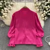 Damesblouses Vintage Lantaarn Lange mouw Turn Down Kraag Ruche Blouse Slanke Elegante Koreaanse Mode Top Sexy Lente Zomer Damesshirt