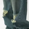 メンズジーンズの男性レトロホール壊れた女性春秋ハイストリートウォッシュデニムパンツアメリカンヒップホップユニセックスカジュアルワイドレッグパンツ