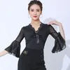 Stage Wear Tango Ballroom Dance Tops Red Black Flare Sleeve Performance Women Modern Dancewear Latin Waltz Competition Costume VDB7280