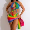 Dames Badmode Sexy Driehoek Bikini Set 2024 Rianbow Gradiënt Hol Push Up Een Stuk Badpak Strand Badpak Rok trikini