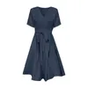 Casual Dresses V Neck Solid Spring Short Sleeve Dress With Pocket Belt Swing Midi för kvinnor 2024 Trendy