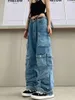 MultiCocke Blue Washed Cargo Pants Y2K Retro High Street Fashion Midj Jeans Par Harajuku Simple Casual Wide Leg 240201