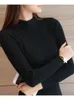 Kvinnors tröjor Fitshinling 2024 Autumn Winter Knit Long Sleeve Tops Half Turtleneck Ruffles Pullover tröja för kvinnor Solid Slim Jumper