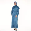 Etniska kläder blygsamma muslimska kvinnor klär kort solid satin mode bälte maxi klänningar långärmad arab oman marockansk kaftan eid kläder