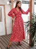 Casual Dresses Spring Long Print Dress for Women 2024 Slim High midje V Neck Flare Sleeve Summer Ladies Floral Maxi