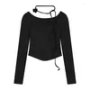 Women's T Shirts Square Neck 3d Flower Lace-up Sexy Slim Long-sleeved T-shirt Women 2024 Spring Korean Solid Color All Match Crop Tops