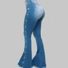 Эластичные расклешенные джинсы со средней талией, женские джинсовые брюки, повседневные узкие брюки с карманами и широкими штанинами в корейском стиле, 240201