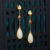 Dangle Earrings Natural Hetian Jade White Water Drop Ear Studs Retro Ethnic Style S925 Sterling Silver Plated Ancient