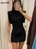 Silm Shoulder Pads Sequin Mini Dress For Woman Elegant Round Neck Sleeveless Female Black Dresses Winter Hoilday Party Prom Gown 240126