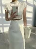 TWOTWINSTYLE Elegante Weiße Lange Kleid Weibliche Rundhals Kurzarm Hohe Taille Cut Out Midi Kleider Für Frau Kleidung Mode 240118