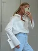 Jyate Fashion Woman Bluses Elegant Lapel Long Sleeve Office Lady Shirts Casual Loose White Pockets Tops Female Clothing 240123