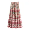 Skirts 2024 Bohemia Contrast Color Floral Print Long Skirt Stitching Ruched Ruffle Hem Holiday Women Elastic Waist Swing Beach