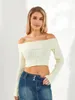 Women's T Shirts Fashion Women Knit Crop Tops Solid Color Boat Neck Long Sleeve Sweater Spring Fall Casual Slim Fit T-Shirts Streetwear S-XL