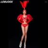 Abbigliamento da palco Bar notturno sexy Bar Bikini rosso con nappe Perline Copricapo di piume Abito da ballo DJ Donna Cantante Ballerino Costume da spettacolo