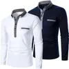 2023 Automne Mode Hommes Couleur Unie À Manches Longues Polos Décontracté Affaires 100 Polyester Patchwork Polos Hauts pour Hommes 240123