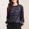 Autumn Winter Stylish Vintage Tops Plant Flowers Art Printed Patchwork Round Neck Tshirt Loose Long Sleeve Women's Clothing 240124