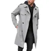 Män Autumn Winter Solid Color Windbreaker Lapel långärmad dubbelbröst fickor Bälte Slim Fit Long Coat Outwear 240125