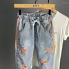 Mäns jeans man cowboy byxor stora byxor trasiga rippade med hål trasiga harem beskurna bomull casual denim sommar regelbunden xs