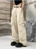 Damenhose QWEEK Y2K Khaki Cargo Parachute Frauen Harajuku Koreanische Mode Übergroße Graue Hose mit weitem Bein Weiblich 90er Jahre Retro Taktisch