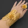 Arab Luxury Gold Plated Bracelet Ring Copper Large Bangle Jewelry Set for Women Adjustable Design Fashion Wedding 240130