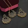 Necklace Earrings Set Boho Vintage Geometric Crystal Earring For Women Antique Golden Carved Hollow Tassel Wedding Gift