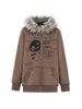 American Retro Fur Collar Hooded Sweatshirt for Women Harajuku Style Gothic Zip Hoodie Fashion Street Y2k Hip Hop Jacket 240202