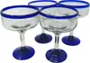 Assiettes en verre soufflé à la main - Ensemble de 4 verres à margarita à bord bleu cobalt (16 oz)