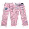 Design Sense Pesante artigianato Jeans ricamati mimetici rosa Uomo Street Hip Hop Pantaloni larghi dritti unisex 240122